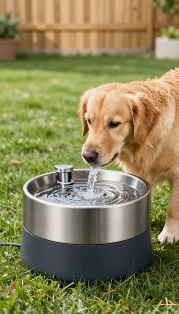 Golden retriever drinking from an automatic water fountain in a sunny backyard