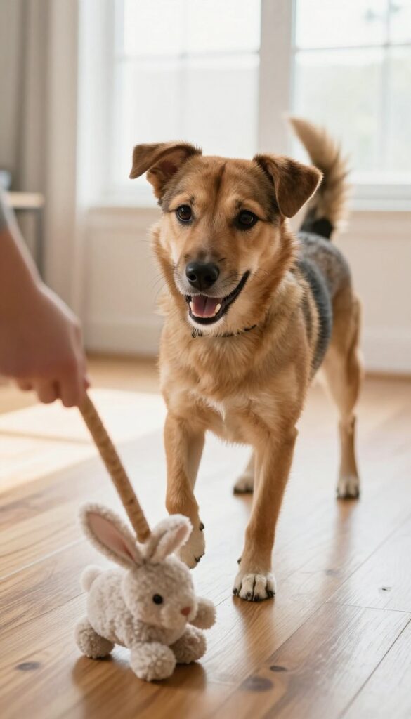 Dog jumping to catch a toy on a flirt pole in a sunlit living room