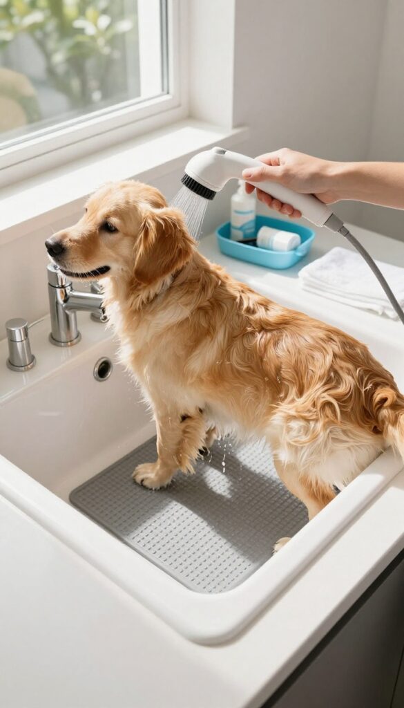A golden retriever standing in a deep laundry room sink being rinsed with a handheld sprayer, surrounded by dog wash supplies.