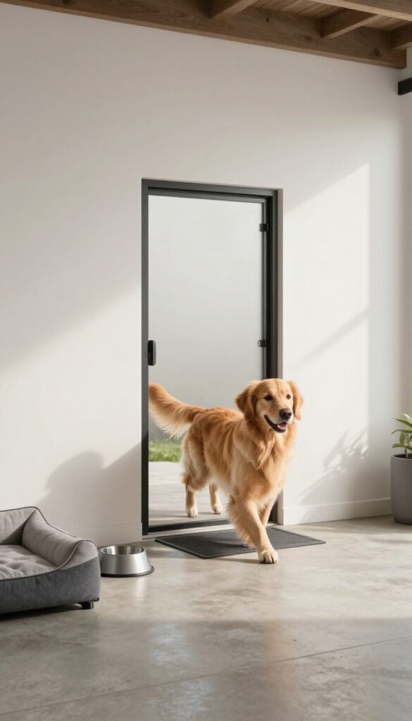 Dog walking through a dog door from the garage to the backyard