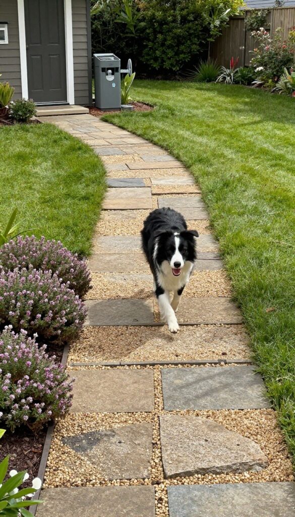 Dog running on a flagstone and gravel pathway through a green backyard with creeping thyme edges.
