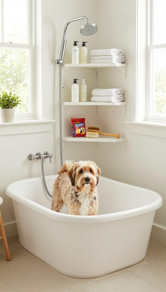 Raised dog bath tub with storage underneath, in a bright mudroom with a dog standing in the tub.