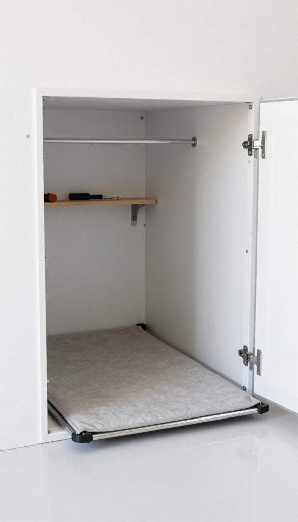 Wall-mounted fold-down dog kennel in a garage, folded down with a soft mat inside, bright natural light, clean and organized space.