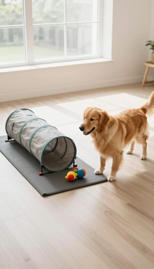 Dog interacting with puzzle toy in a bright play zone with agility equipment