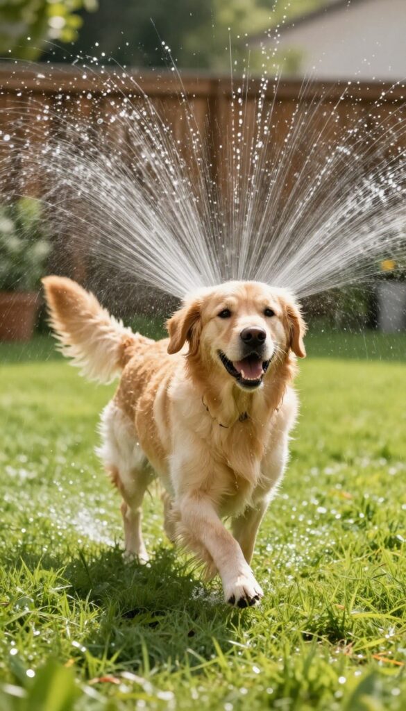 Golden retriever playing in backyard water sprinkler