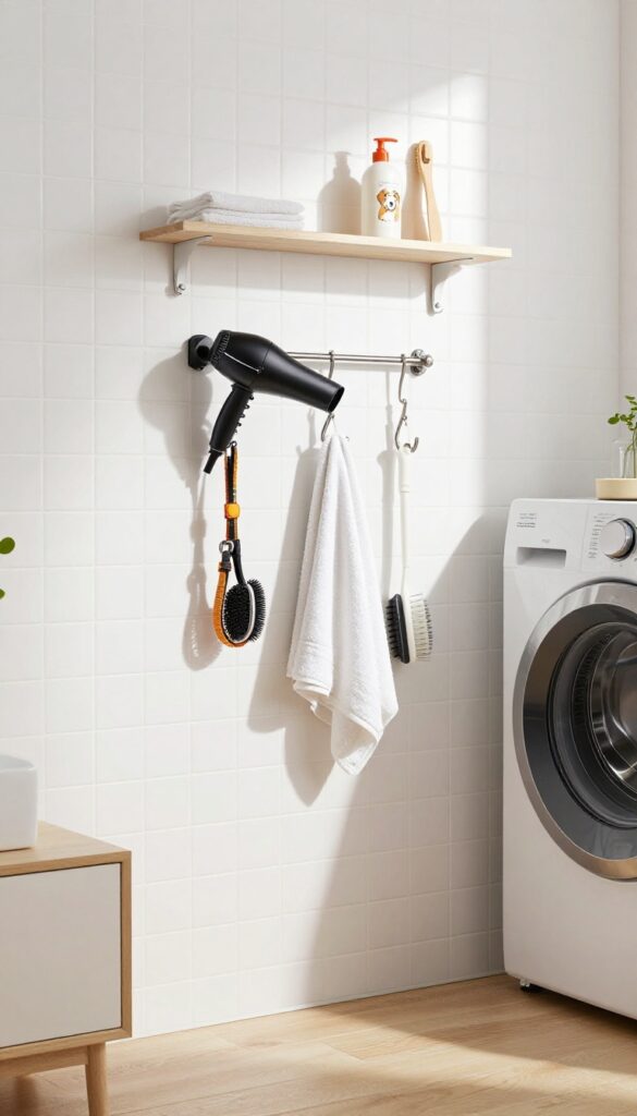 Wall-mounted drying station with loop hooks for dog grooming tools in a bright laundry room