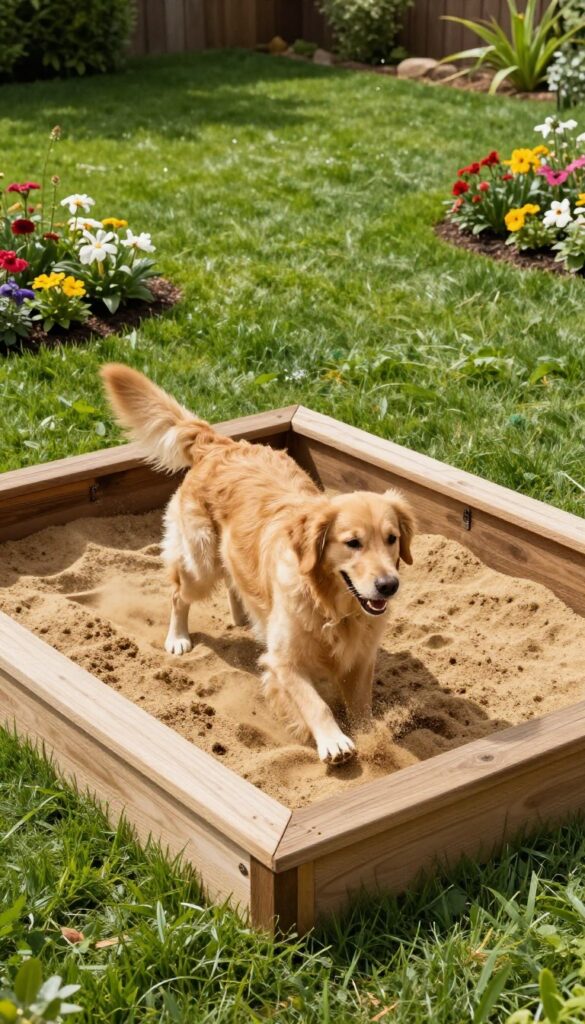 Golden retriever digging in a sand pit in a backyard, surrounded by green lawn and flowers