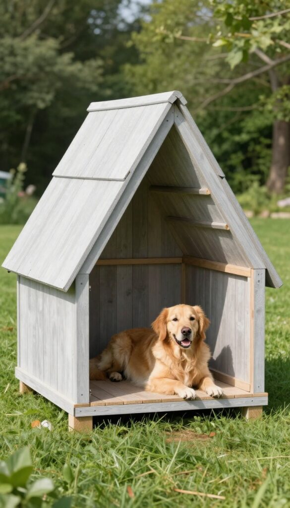 A-frame tent kennel with a dog resting inside on a raised platform in a sunny backyard