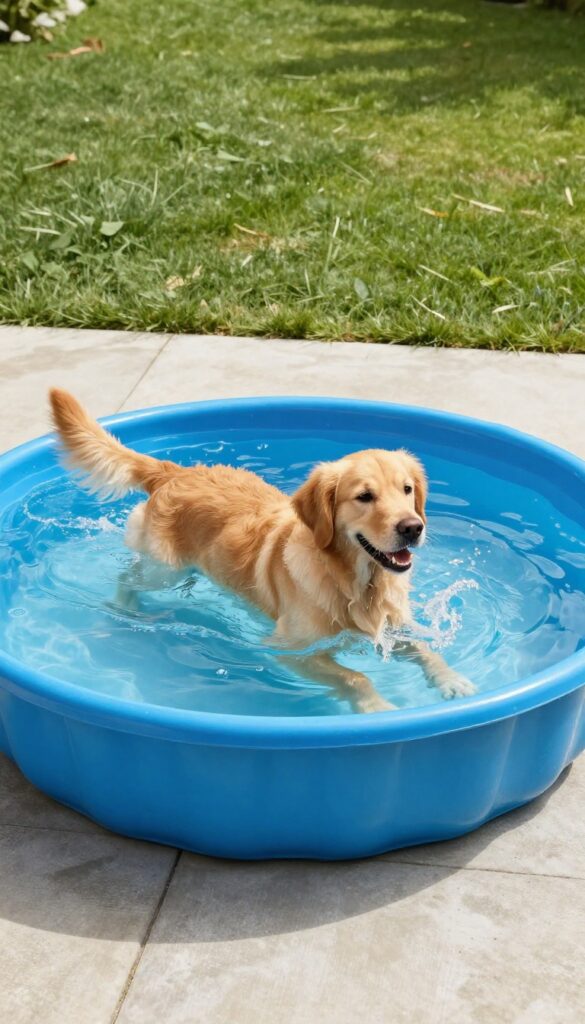 Golden retriever splashing in a blue kiddie pool in a sunny backyard