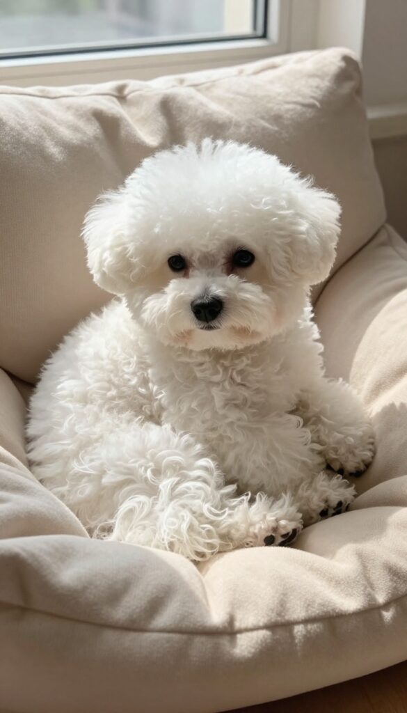 A fluffy white dog resting on a soft blanket, embodying the name Mochi for a sweet and cuddly dog.