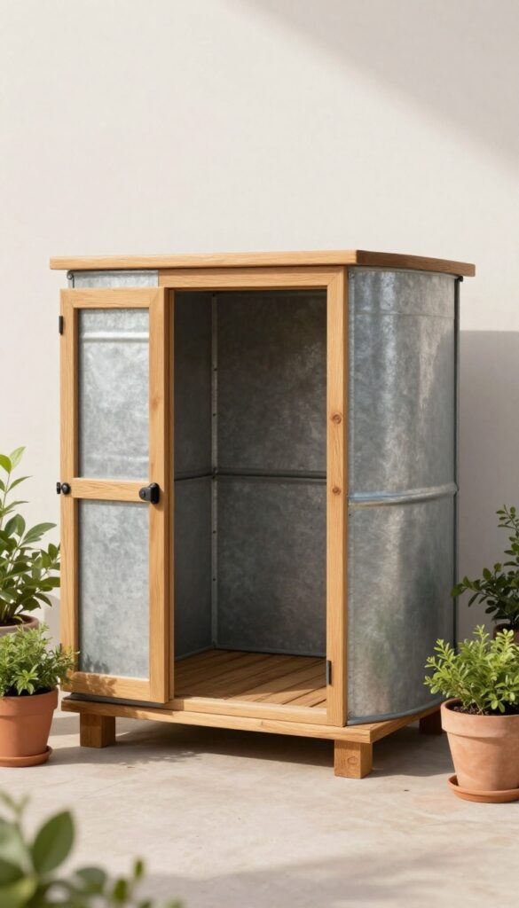 Rustic galvanized steel dog kennel with wood accents in a farmhouse outdoor setting