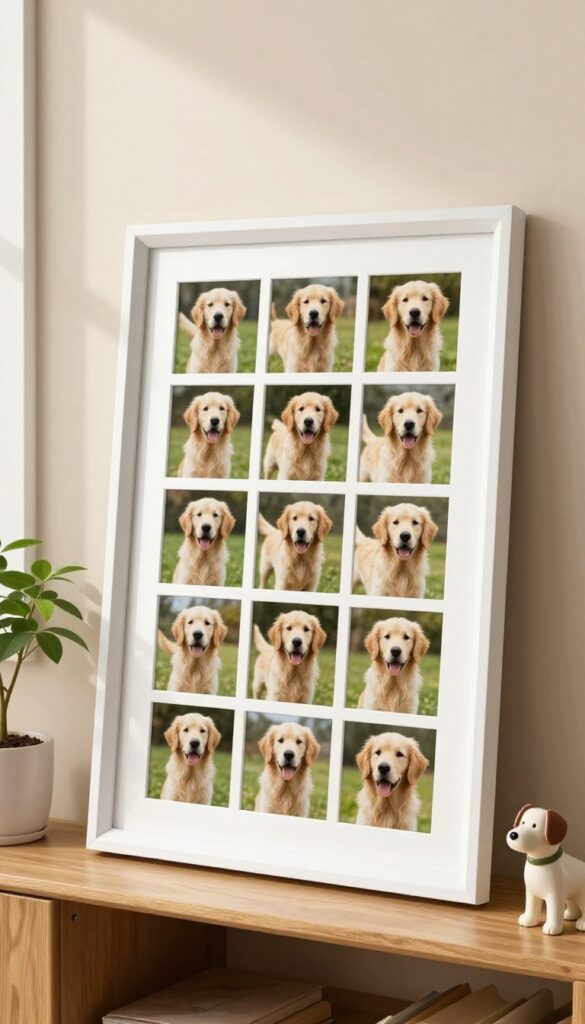 DIY photo collage in a large frame with multiple black-and-white dog photos on a white wall.