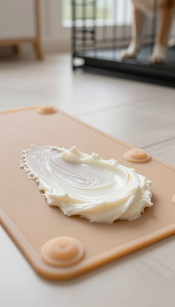 No-freeze quick lick mat with cream cheese smear for instant dog enrichment