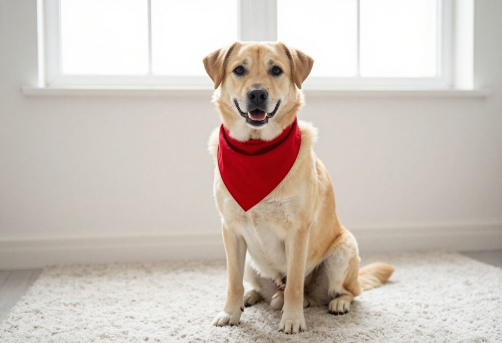 Happy dog wearing a red bandana sitting on a rug indoors for picture day