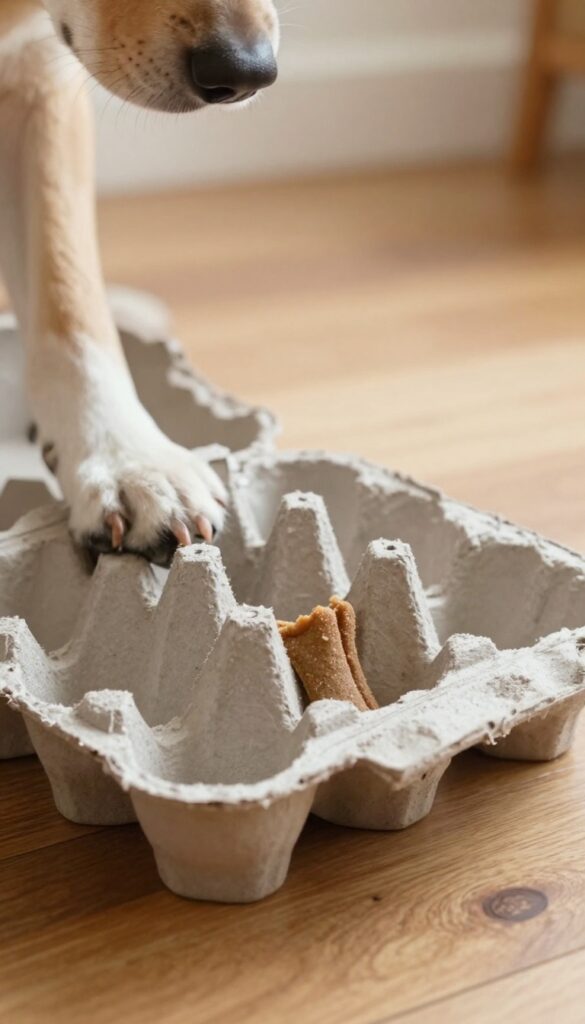 Dog nudging a cardboard egg carton with treats inside on a wooden floor