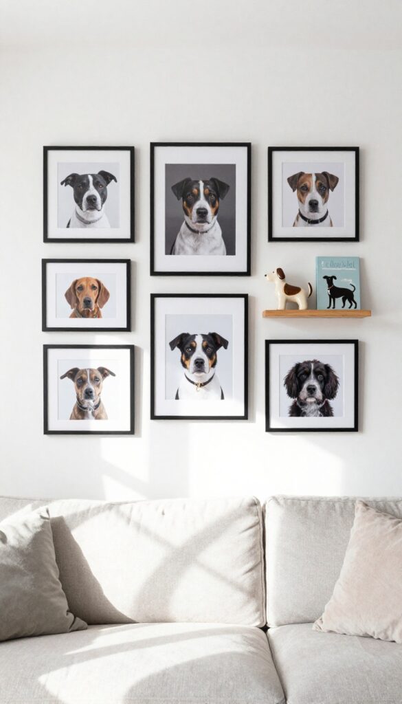 Gallery wall of dog-themed art with framed prints, personal photos, and a small shelf with a ceramic dog figurine and books in a bright living room.