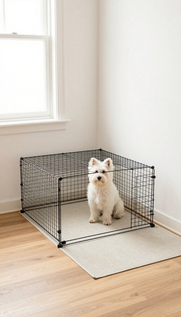 Corner dog kennel with washable mat in a clean, bright room