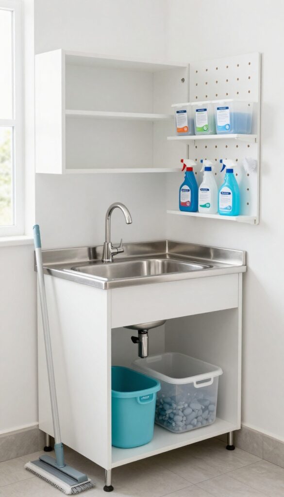 Clean kennel cleaning station with utility sink, organized cabinets, and labeled bins for supplies.