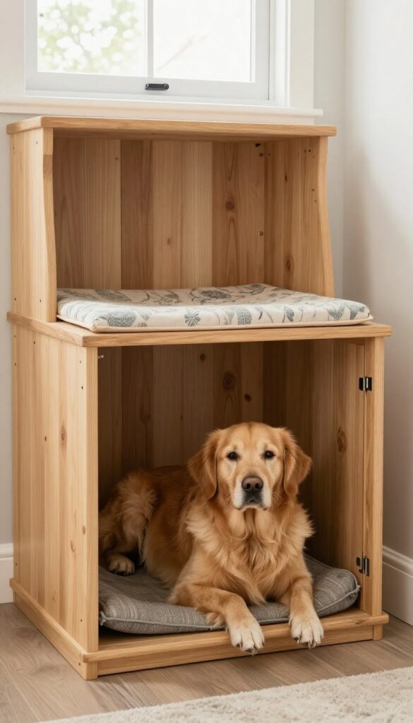 Dog crate integrated into a mudroom bench with cushion on top, dog resting inside