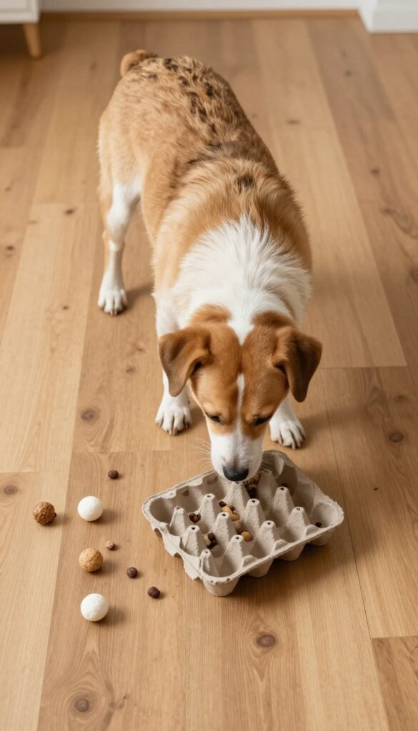 Dog sniffing an egg carton with treats inside for a nose work game