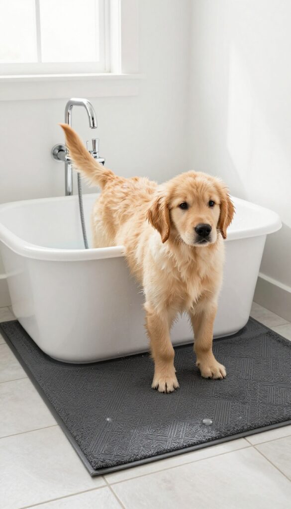 Washable mat under dog wash tub in laundry room