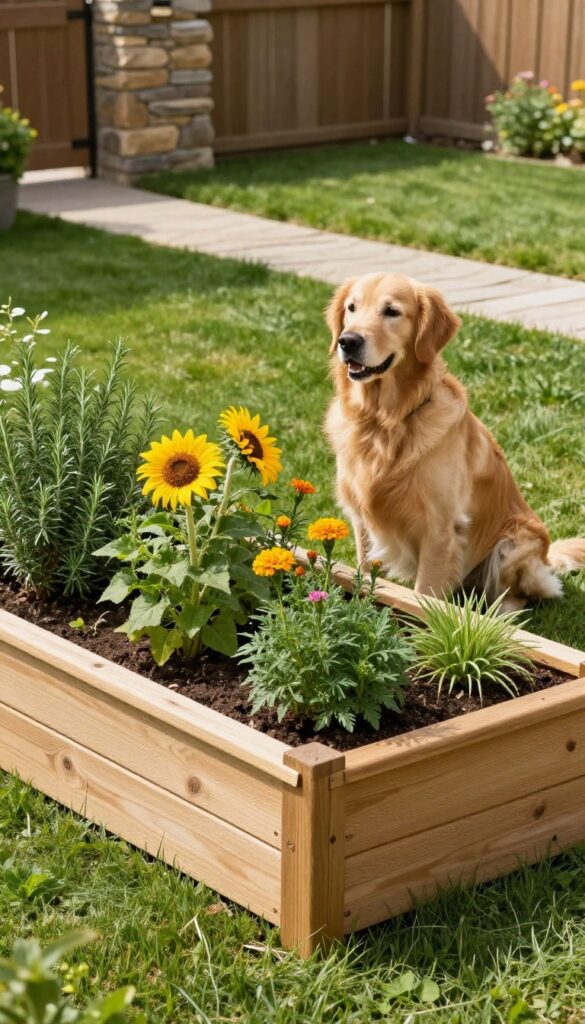 Raised garden bed with dog-safe plants in a sunny backyard, with a golden retriever sitting beside it.