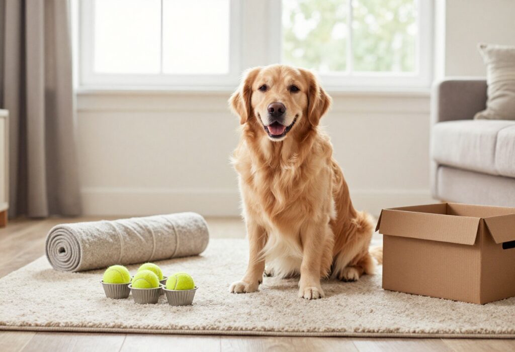 Golden retriever sitting on rug with DIY dog enrichment toys