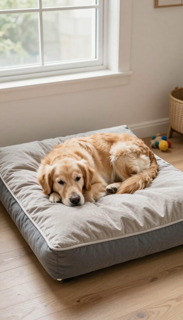 Cozy dog kennel with orthopedic bed and removable cover, senior dog resting comfortably