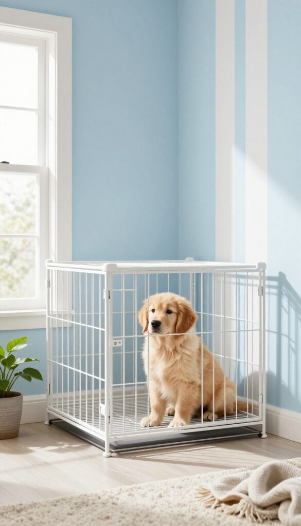 DIY painted dog crate with chevron design matching room decor, golden retriever puppy inside