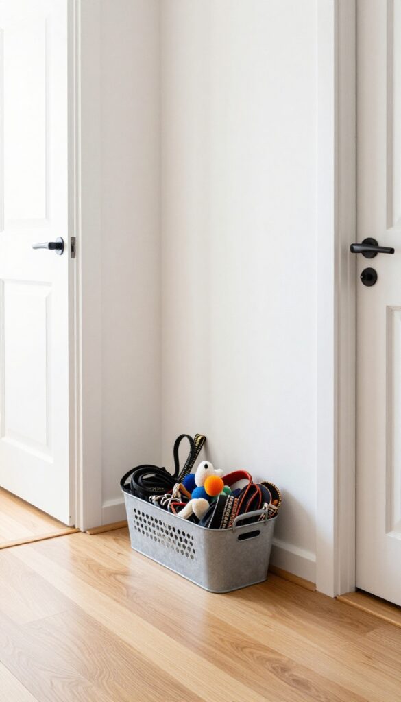 Wall-mounted toy and leash storage station near entryway door