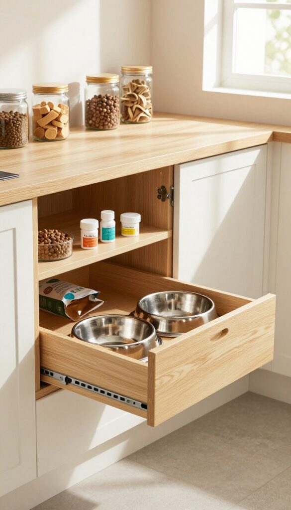 Built-in dog feeding station with pull-out drawer and shelves for supplies in a bright, tidy kitchen.