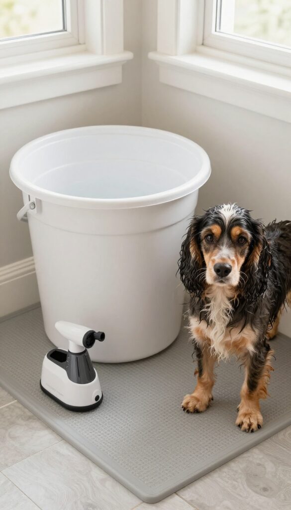 Simple dog bath station with bucket and sprayer in laundry room