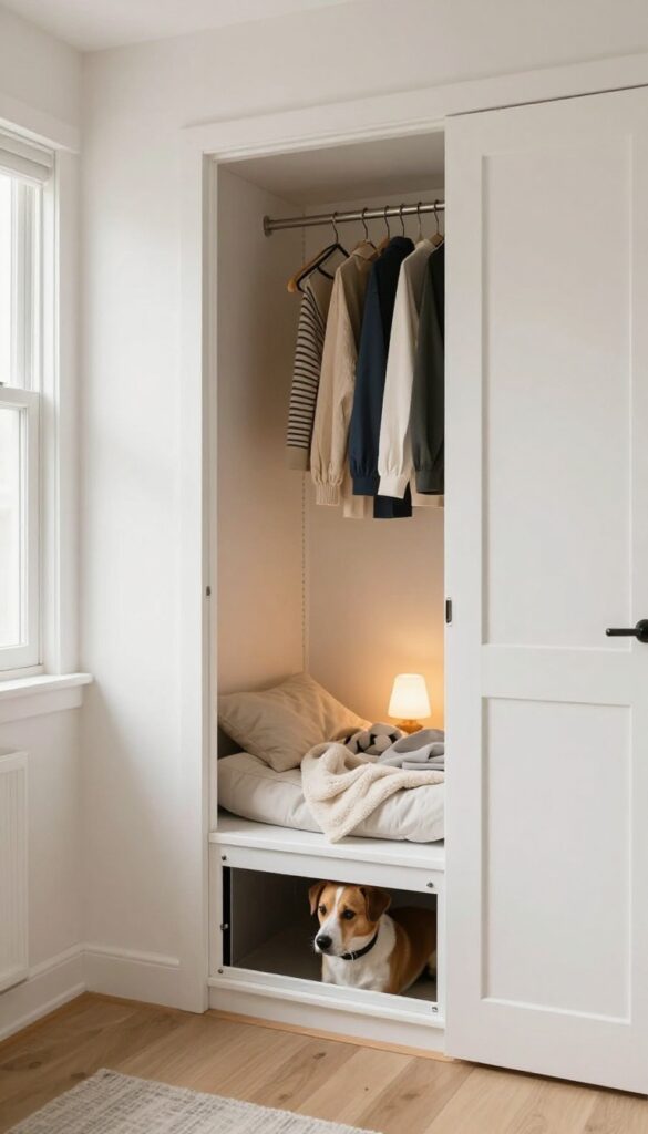A closet door with a built-in dog door, showing a small dog peeking through, revealing a cozy dog bed inside the closet.