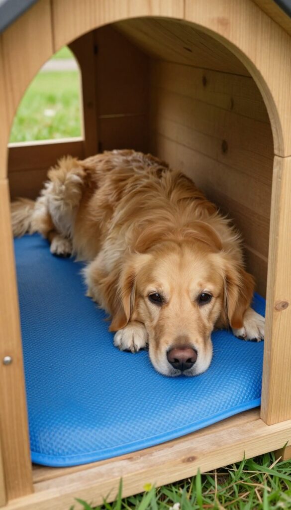 Golden retriever relaxing on a cooling mat inside a wooden dog house on a sunny day