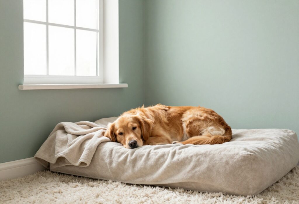 Cozy dog bedroom with plush bed, blankets, and sleeping golden retriever
