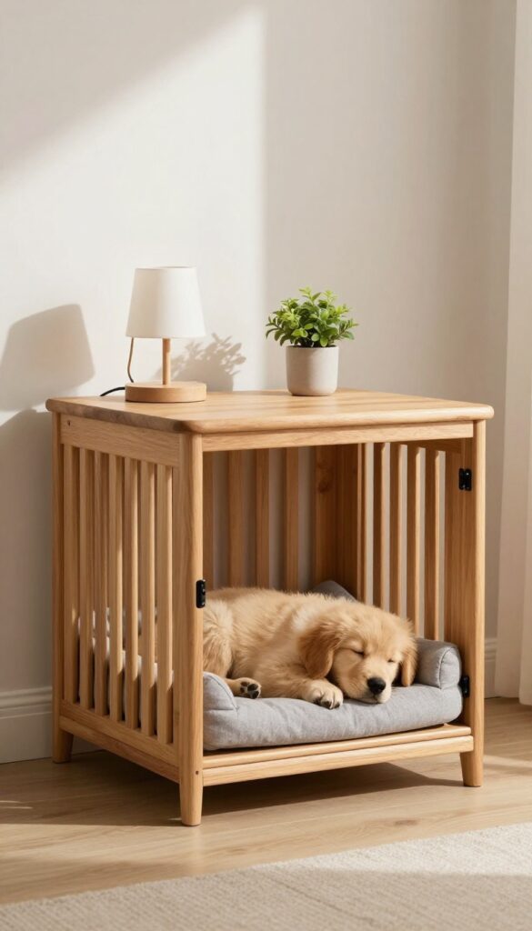 Dog crate disguised as wooden end table with lamp and plant, puppy sleeping inside, cozy living room