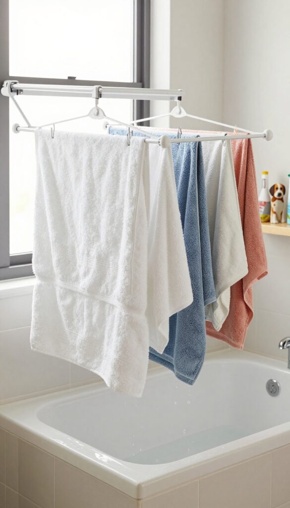 Retractable clothesline above dog wash tub with towels drying