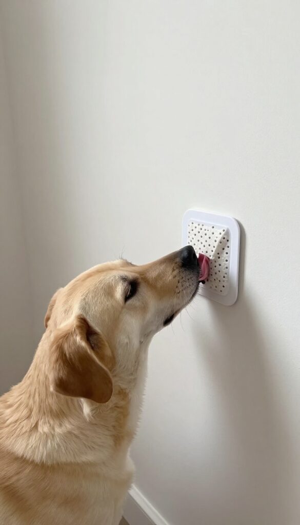Dog licking a frozen lick mat in a quiet corner for calming enrichment