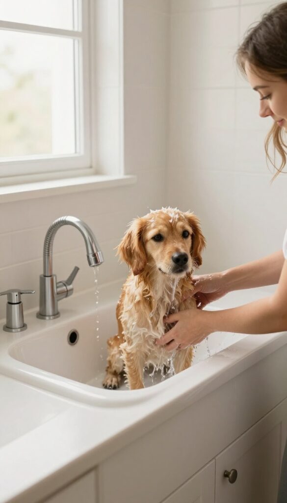 A dog standing in a laundry sink with a built-in shower insert and handheld sprayer, being bathed in a bright, clean laundry room.