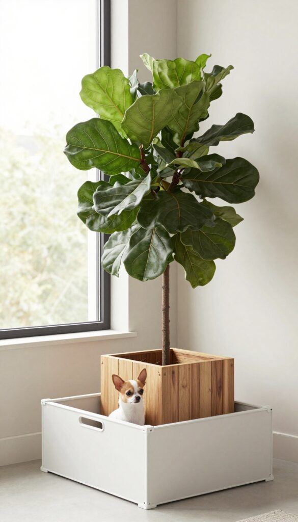 Faux plant crate cover hiding a dog crate in a bright living room