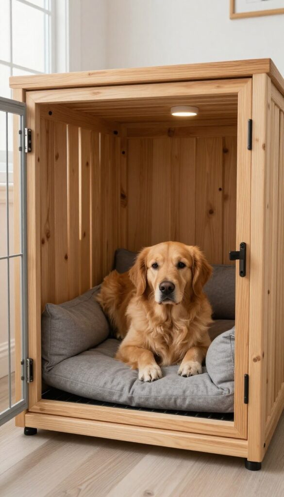 Built-in dog crate under stairs with wooden door and cozy interior, dog resting inside