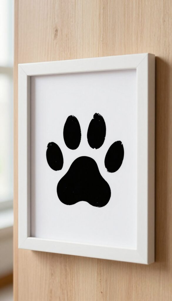 Framed paw print art on a wall, simple and sentimental dog decor.