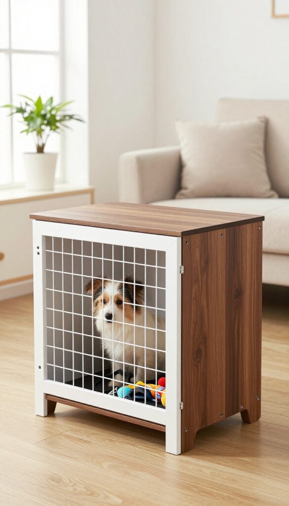 Furniture-style wire crate cover in a living room, blending with decor as a side table with a hinged top and pull-out drawer.