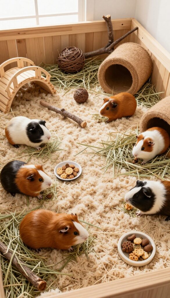 A cozy natural habitat guinea pig cage with deep bedding, hay piles, wooden tunnels, and foraging stations, bright natural light, photorealistic.