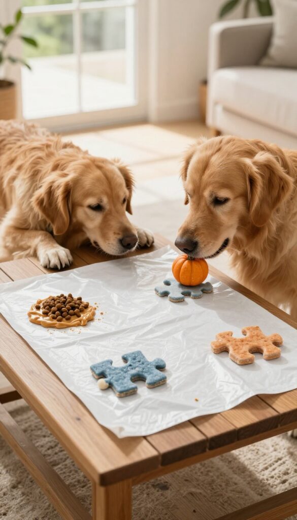 Frozen treat puzzle station with Kongs and dogs on a sunny table