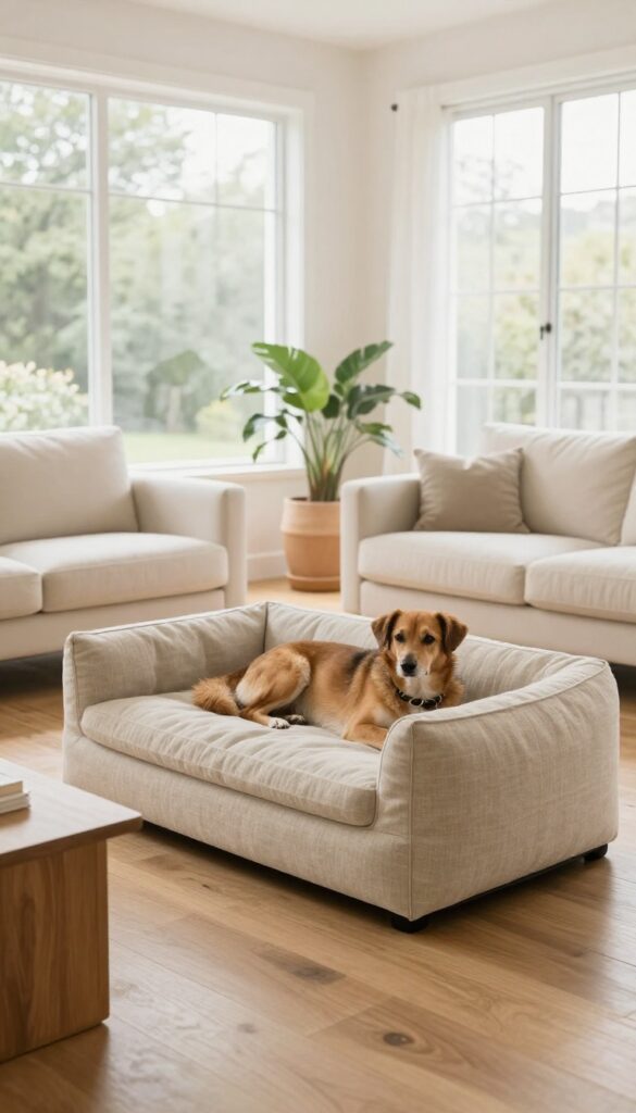 Stylish neutral dog bed blending with living room decor, dog lounging comfortably