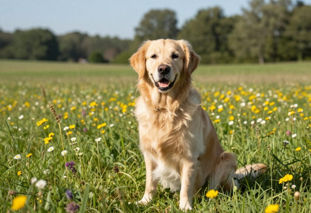 Happy dog sitting in a sunlit field with wildflowers, looking at the camera.