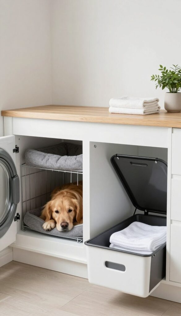 Side-by-side dog kennel and laundry hamper in a bright laundry room cabinet