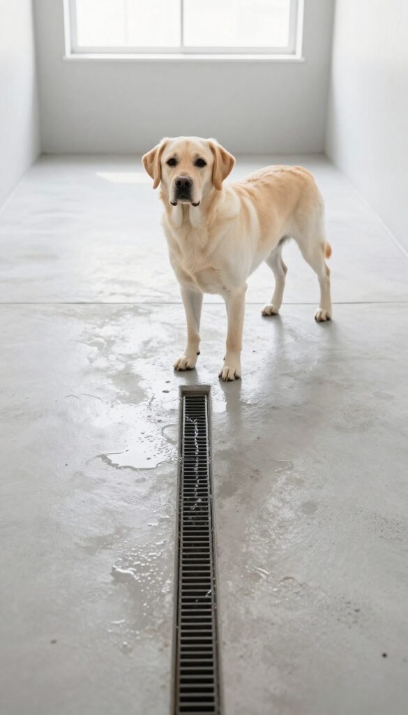 Clean dog kennel with sloped concrete floor and center drain, large dog standing on dry area
