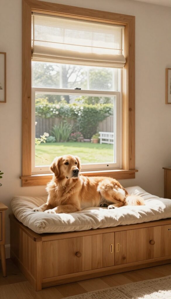 Cozy wooden window seat kennel with a golden retriever looking out the window in a sunlit living room